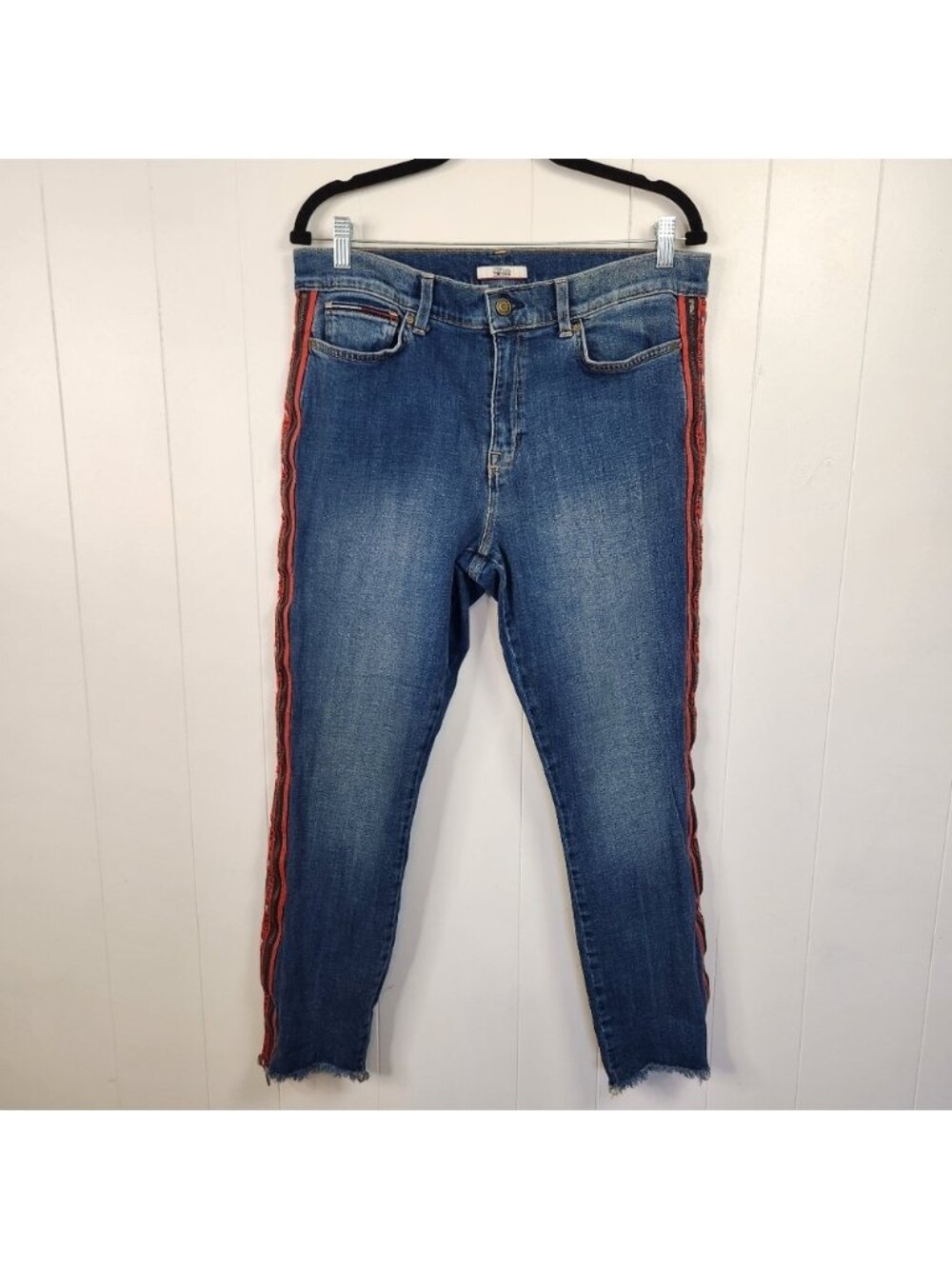 Vintage Y2K Tommy Hilfiger Zipper Jeans High Rise Stretchy Raw Hem Red Logo 34